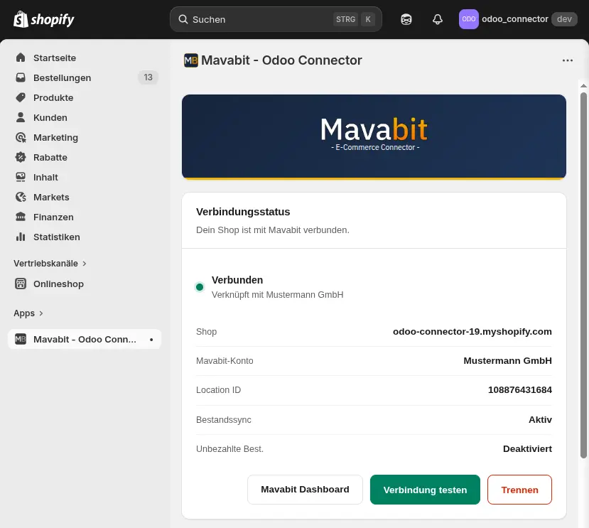 Schreenshot von der Shopify App, nachdem ein Konto erfolgreich verbunden wurde